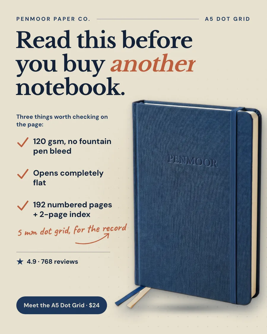 Cream Penmoor Paper Co. ad: 'Read this before you buy another notebook.' with three checkmarked paper facts, a handwritten note about the 5 mm dot grid, 4.9 from 768 reviews, a blue linen notebook photo and a 'Meet the A5 Dot Grid · $24' button.