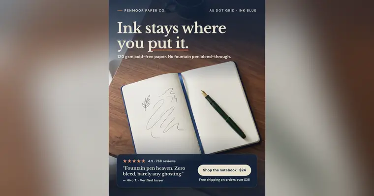 Dark navy and walnut wood Penmoor Paper Co. ad: 'Ink stays where you put it.' above an open dot grid notebook with a few pen sketches and a green fountain pen, plus 4.9 from 768 reviews, a quote, and a 'Shop the notebook · $24' button. The 1.91:1 version.