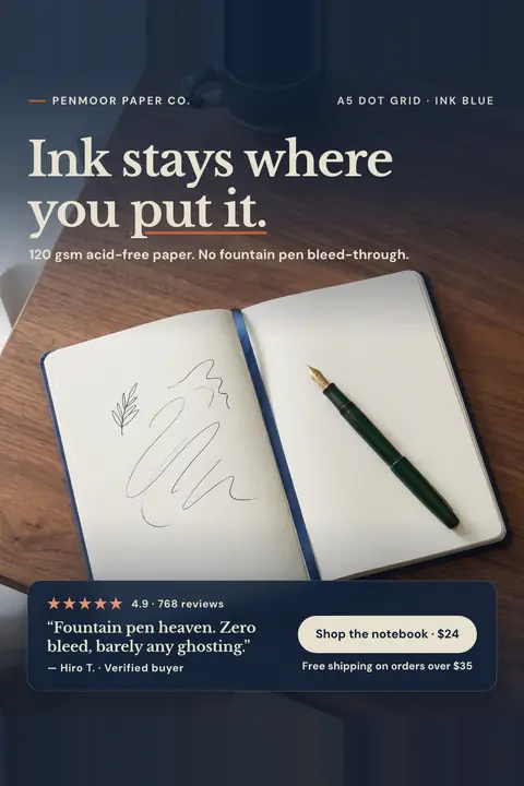 Dark navy and walnut wood Penmoor Paper Co. ad: 'Ink stays where you put it.' above an open dot grid notebook with a few pen sketches and a green fountain pen, plus 4.9 from 768 reviews, a quote, and a 'Shop the notebook · $24' button. Shown here in the 2:3 Pinterest size.