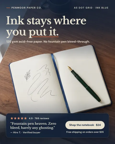 Dark navy and walnut wood Penmoor Paper Co. ad: 'Ink stays where you put it.' above an open dot grid notebook with a few pen sketches and a green fountain pen, plus 4.9 from 768 reviews, a quote, and a 'Shop the notebook · $24' button. The 4:5 version.