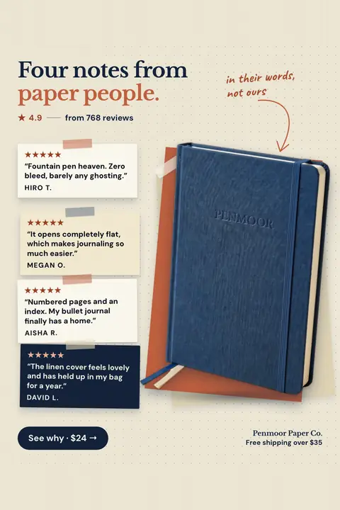 Cream dotted-background Penmoor Paper Co. ad: 'Four notes from paper people.' with 4.9 from 768 reviews, four taped-on five-star review cards on the left, a blue linen hardcover notebook on the right, and a 'See why · $24' button. Shown here in the 2:3 Pinterest size.