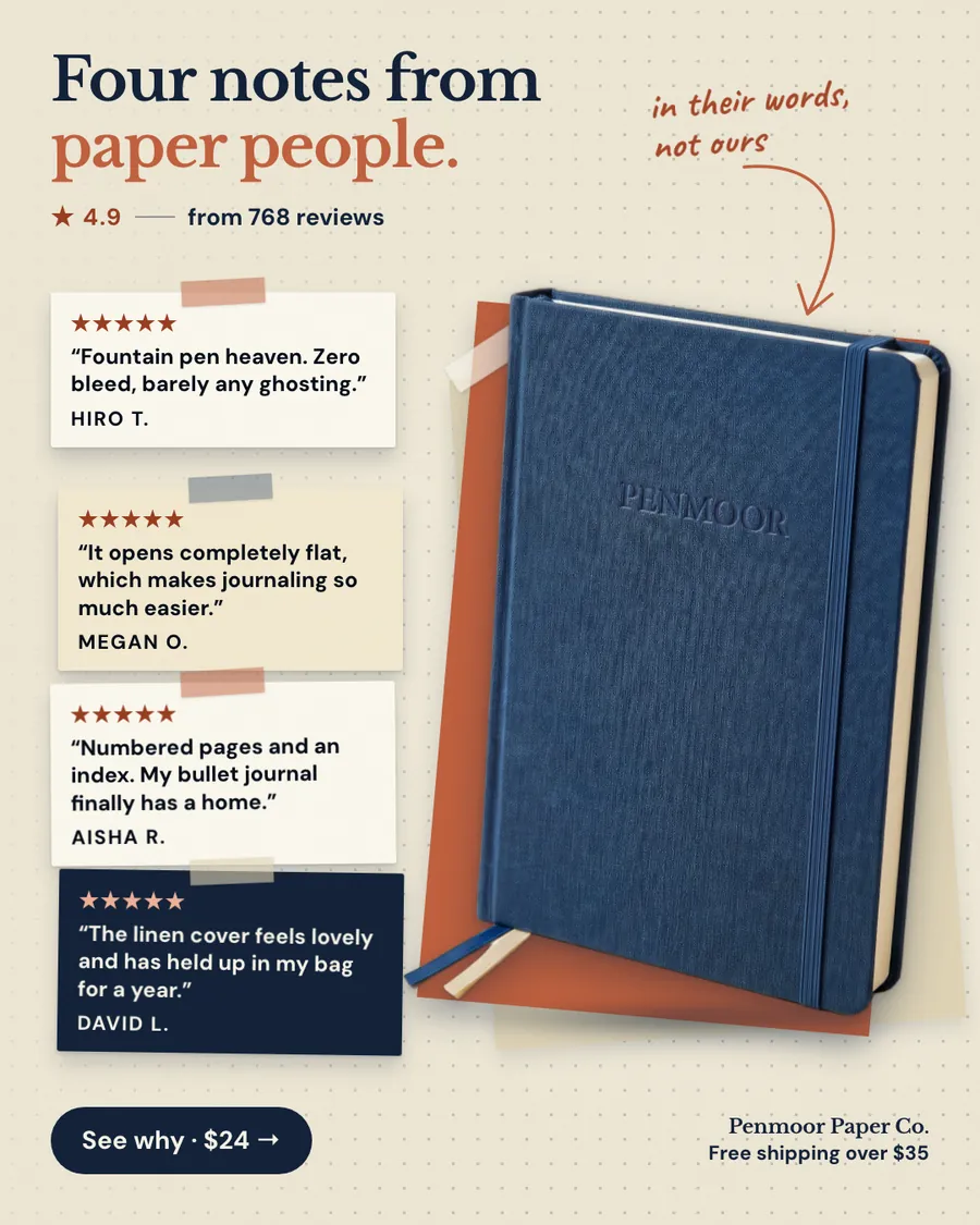 Cream dotted-background Penmoor Paper Co. ad: 'Four notes from paper people.' with 4.9 from 768 reviews, four taped-on five-star review cards on the left, a blue linen hardcover notebook on the right, and a 'See why · $24' button.