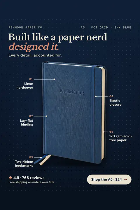 Dark navy Penmoor Paper Co. ad: 'Built like a paper nerd designed it.' with a photo of a blue linen notebook and five numbered callouts: linen hardcover, lay-flat binding, two ribbon bookmarks, elastic closure, 120 gsm paper. A 'Shop the A5 · $24' button. Shown here in the 2:3 Pinterest size.