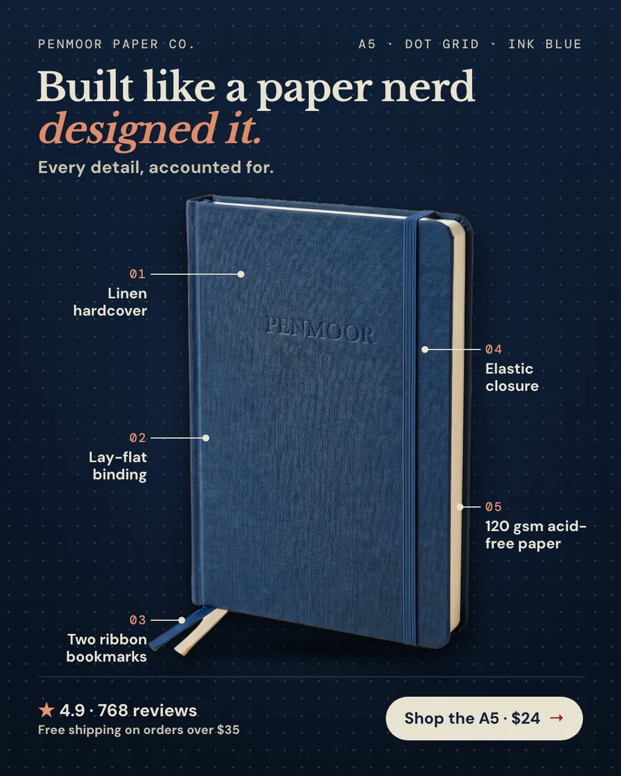Dark navy Penmoor Paper Co. ad: 'Built like a paper nerd designed it.' with a photo of a blue linen notebook and five numbered callouts: linen hardcover, lay-flat binding, two ribbon bookmarks, elastic closure, 120 gsm paper. A 'Shop the A5 · $24' button.