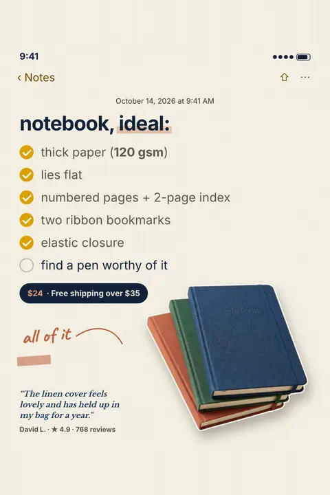 Cream Penmoor Paper Co. ad: 'notebook, ideal:' as a phone Notes checklist with five ticked features and an empty box for a pen, a $24 price pill with free shipping over $35, three stacked notebooks, and a 4.9 star review quote. Shown here in the 2:3 Pinterest size.