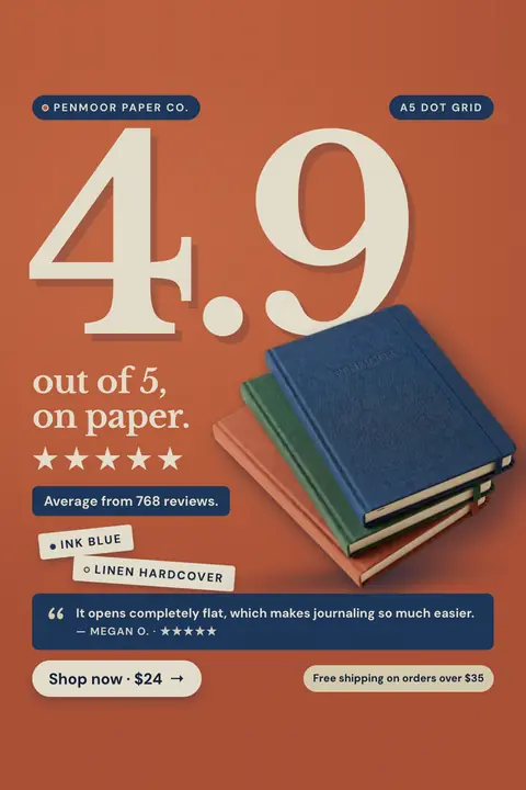 Burnt orange Penmoor Paper Co. ad: '4.9 out of 5, on paper.' with a huge cream 4.9, five stars, an 'Average from 768 reviews.' tag, a stack of blue, green and rust notebooks, a Megan O. quote, and a 'Shop now · $24' button. Shown here in the 2:3 Pinterest size.
