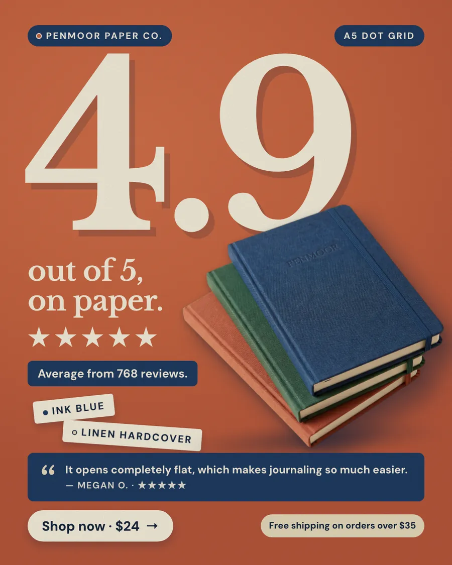 Burnt orange Penmoor Paper Co. ad: '4.9 out of 5, on paper.' with a huge cream 4.9, five stars, an 'Average from 768 reviews.' tag, a stack of blue, green and rust notebooks, a Megan O. quote, and a 'Shop now · $24' button.