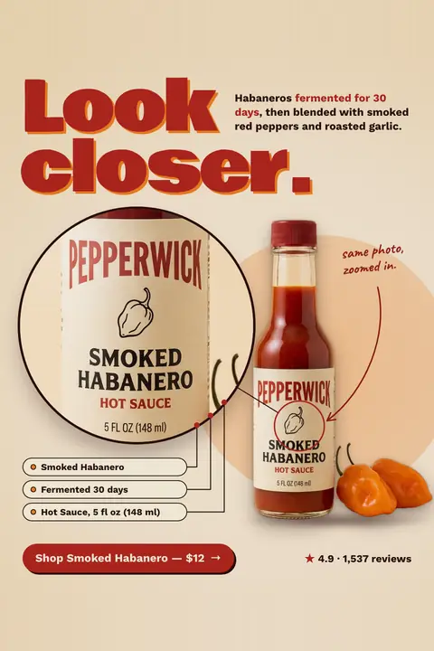 Cream Pepperwick ad: 'Look closer.' in big red letters, with a zoomed circle on the bottle label showing Smoked Habanero Hot Sauce, 5 fl oz (148 ml), three callouts, a $12 shop button and 4.9 from 1,537 reviews. Shown here in the 2:3 Pinterest size.