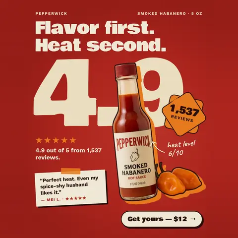 Red Pepperwick ad: 'Flavor first. Heat second.' with a huge cream 4.9 behind a Smoked Habanero hot sauce bottle, an orange '1,537 reviews' badge, five stars, a quote from Mei L., heat level 6/10, and a 'Get yours, $12' button. The 1:1 version.