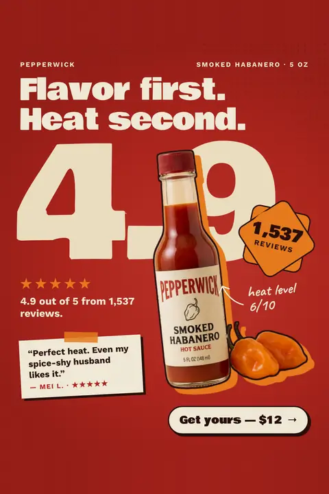 Red Pepperwick ad: 'Flavor first. Heat second.' with a huge cream 4.9 behind a Smoked Habanero hot sauce bottle, an orange '1,537 reviews' badge, five stars, a quote from Mei L., heat level 6/10, and a 'Get yours, $12' button. Shown here in the 2:3 Pinterest size.
