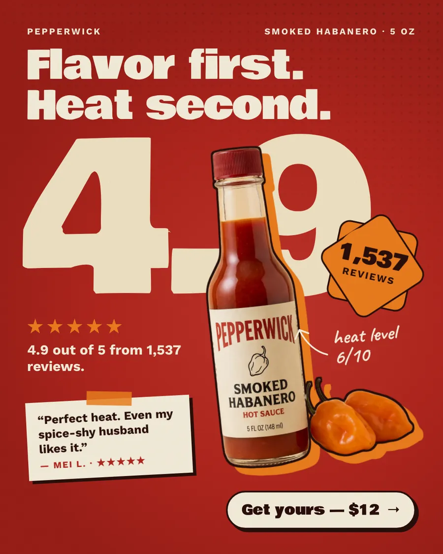 Red Pepperwick ad: 'Flavor first. Heat second.' with a huge cream 4.9 behind a Smoked Habanero hot sauce bottle, an orange '1,537 reviews' badge, five stars, a quote from Mei L., heat level 6/10, and a 'Get yours, $12' button.