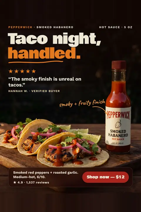 Dark brown Pepperwick ad: 'Taco night, handled.' with five orange stars, the quote 'The smoky finish is unreal on tacos.' from Hannah W., a Smoked Habanero bottle beside three grilled chicken tacos, 4.9 from 1,537 reviews and a 'Shop now, $12' button. Shown here in the 2:3 Pinterest size.