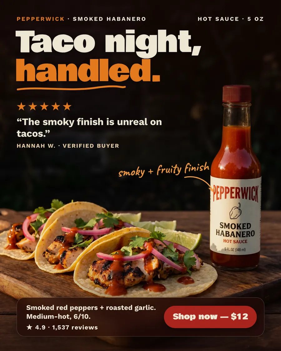 Dark brown Pepperwick ad: 'Taco night, handled.' with five orange stars, the quote 'The smoky finish is unreal on tacos.' from Hannah W., a Smoked Habanero bottle beside three grilled chicken tacos, 4.9 from 1,537 reviews and a 'Shop now, $12' button.
