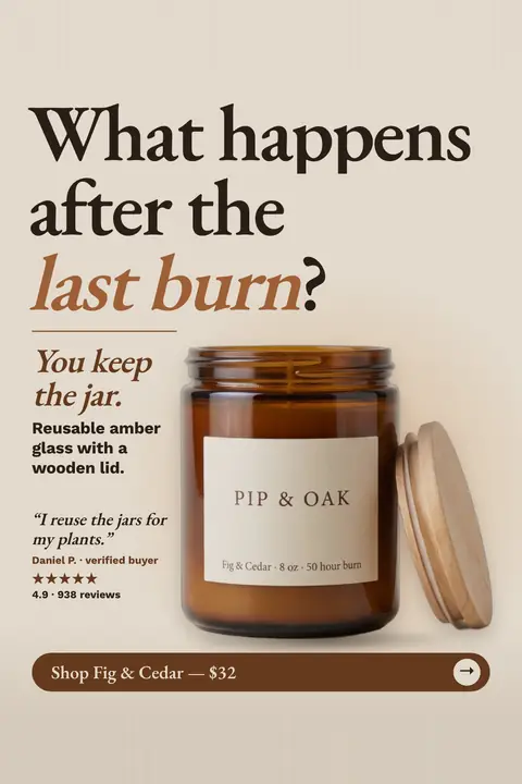 Beige Pip & Oak ad: 'What happens after the last burn?' with 'last burn' in orange italics, beside a photo of an amber glass candle jar with a cream label and a wooden lid leaning on its side, a quote from Daniel P., 4.9 from 938 reviews and a 'Shop Fig & Cedar, $32' button. Shown here in the 2:3 Pinterest size.