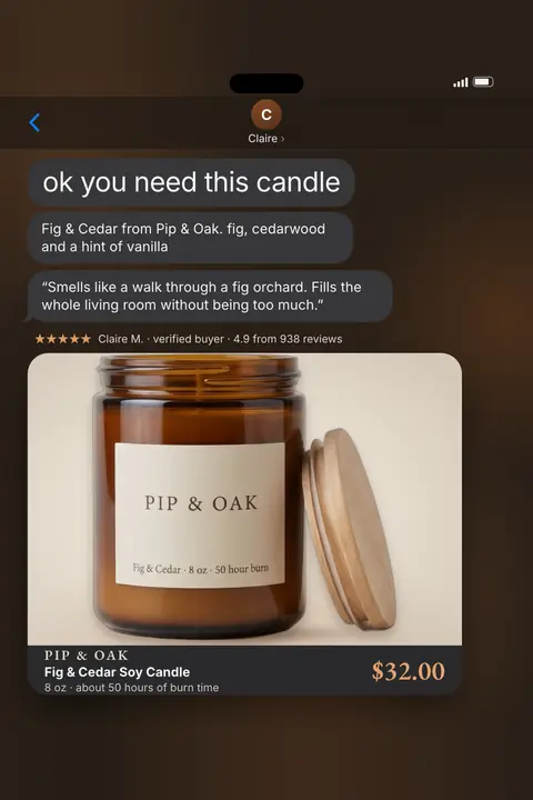 Dark brown Pip & Oak ad: 'ok you need this candle' as a text message from Claire, followed by the scent notes and a quoted review with 4.9 stars from 938 reviews, above a photo of an amber jar candle with its wooden lid, $32.00. Shown here in the 2:3 Pinterest size.
