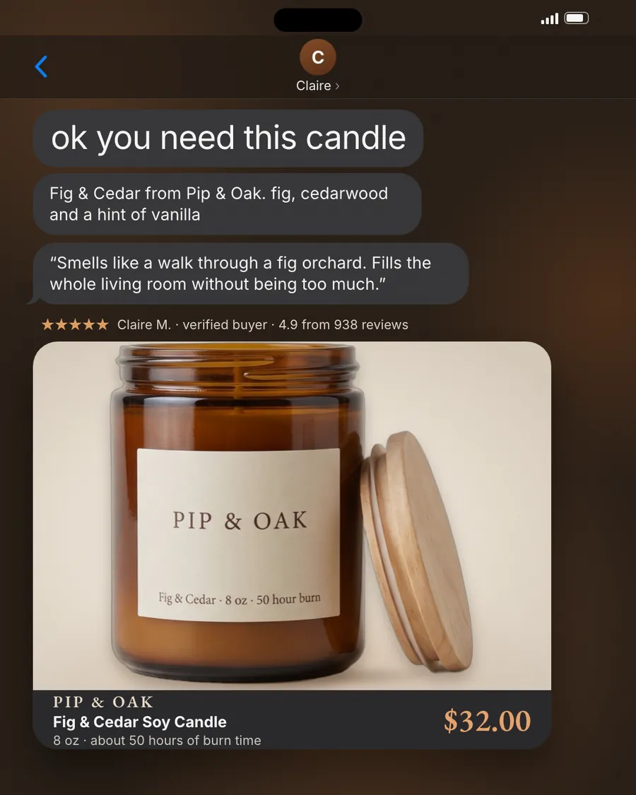 Dark brown Pip & Oak ad: 'ok you need this candle' as a text message from Claire, followed by the scent notes and a quoted review with 4.9 stars from 938 reviews, above a photo of an amber jar candle with its wooden lid, $32.00.