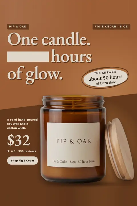 Brown Pip & Oak ad: 'One candle. ____ hours of glow.' with a blank in the headline, answered by an oval label reading 'about 50 hours of burn time'. An amber jar of Fig & Cedar candle with a wooden lid, $32, 4.9 from 938 reviews, and a 'Shop Fig & Cedar' button. Shown here in the 2:3 Pinterest size.