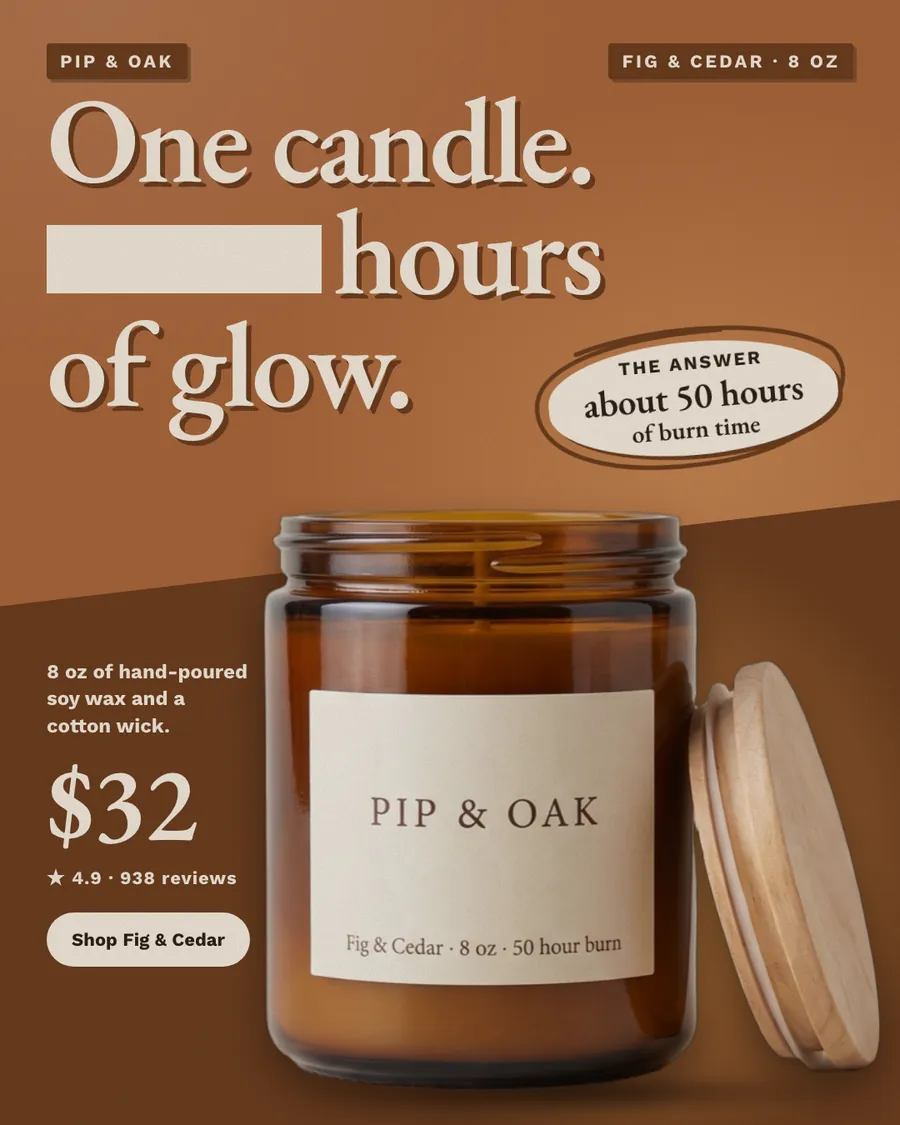 Brown Pip & Oak ad: 'One candle. ____ hours of glow.' with a blank in the headline, answered by an oval label reading 'about 50 hours of burn time'. An amber jar of Fig & Cedar candle with a wooden lid, $32, 4.9 from 938 reviews, and a 'Shop Fig & Cedar' button.