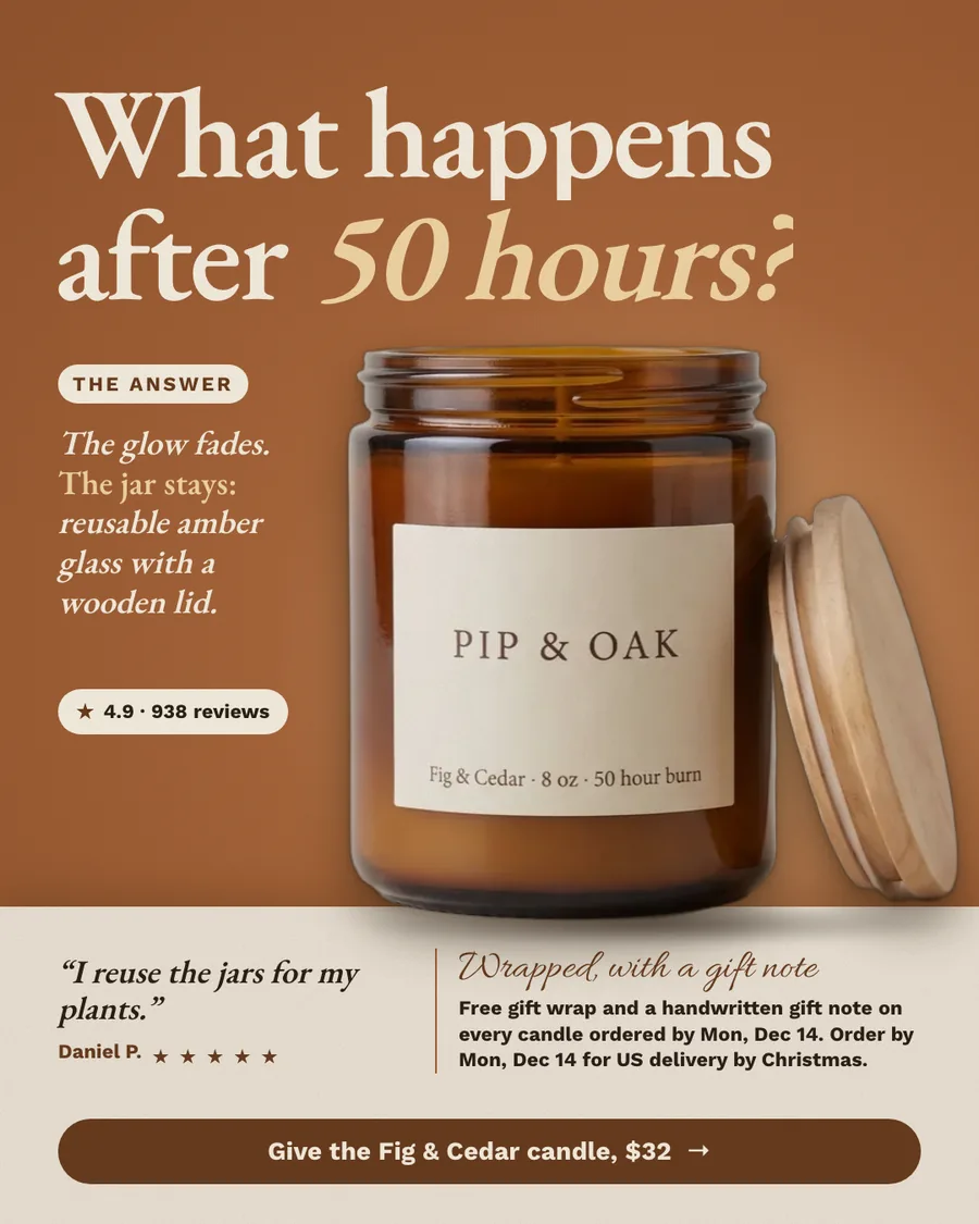 Rust-brown Pip & Oak ad asking 'What happens after 50 hours?' and answering beside the amber jar: the glow fades, the jar stays, reusable amber glass with a wooden lid. A 4.9 from 938 reviews pill, the customer quote 'I reuse the jars for my plants.', a 'Wrapped, with a gift note' panel with the free gift wrap offer and the Mon, Dec 14 order-by date, and a 'Give the Fig & Cedar candle, $32' button.