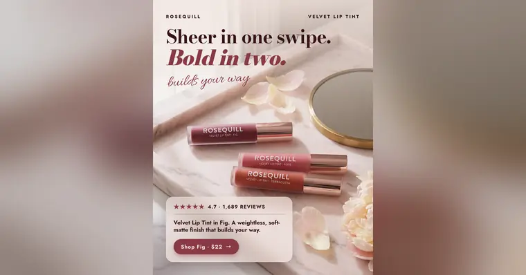 Soft blush pink Rosequill ad: 'Sheer in one swipe. Bold in two.' with 'builds your way' in script. Three lip tint tubes (Fig, Rose, Terracotta) lie on a marble tray beside a mirror and petals. A card shows 4.7 stars, 1,689 reviews and a 'Shop Fig · $22' button. The 1.91:1 version.