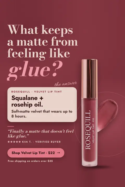 Deep berry Rosequill ad: 'What keeps a matte from feeling like glue?' with 'glue?' in pink script, an answer card reading Squalane + rosehip oil, a Fig lip tint tube with a swatch, a review quote, and a 'Shop Velvet Lip Tint · $22' button. Shown here in the 2:3 Pinterest size.