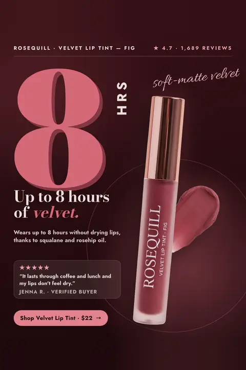 Dark plum Rosequill ad: 'Up to 8 hours of velvet.' with a huge pink 8 and 'HRS' beside it, a Fig lip tint tube with a swatch, a 5-star quote from Jenna R., 4.7 rating, and a 'Shop Velvet Lip Tint · $22' button. Shown here in the 2:3 Pinterest size.