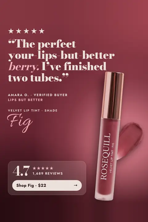 Deep berry-red gradient Rosequill ad: 'The perfect your-lips-but-better berry. I’ve finished two tubes.' with five stars, Amara O. as verified buyer, a Fig Velvet Lip Tint tube with a color smear, 4.7 from 1,689 reviews and a 'Shop Fig · $22' button. Shown here in the 2:3 Pinterest size.