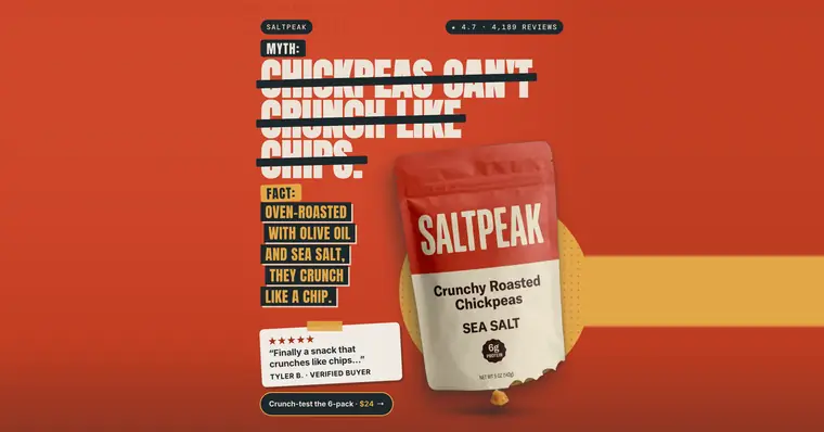 Red Saltpeak ad: 'MYTH: Chickpeas can't crunch like chips.' struck through with black bars, then 'FACT: Oven-roasted with olive oil and sea salt, they crunch like a chip.' A Sea Salt chickpea bag, a review quote and a '$24' button are shown. The 1.91:1 version.