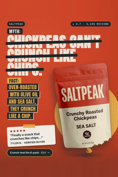 Red Saltpeak ad: 'MYTH: Chickpeas can't crunch like chips.' struck through with black bars, then 'FACT: Oven-roasted with olive oil and sea salt, they crunch like a chip.' A Sea Salt chickpea bag, a review quote and a '$24' button are shown. Shown here in the 2:3 Pinterest size.