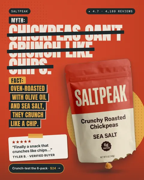 Red Saltpeak ad: 'MYTH: Chickpeas can't crunch like chips.' struck through with black bars, then 'FACT: Oven-roasted with olive oil and sea salt, they crunch like a chip.' A Sea Salt chickpea bag, a review quote and a '$24' button are shown. The 4:5 version.
