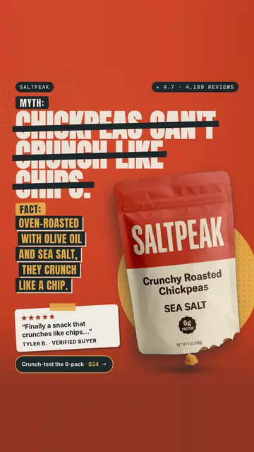 Red Saltpeak ad: 'MYTH: Chickpeas can't crunch like chips.' struck through with black bars, then 'FACT: Oven-roasted with olive oil and sea salt, they crunch like a chip.' A Sea Salt chickpea bag, a review quote and a '$24' button are shown. The 9:16 version.