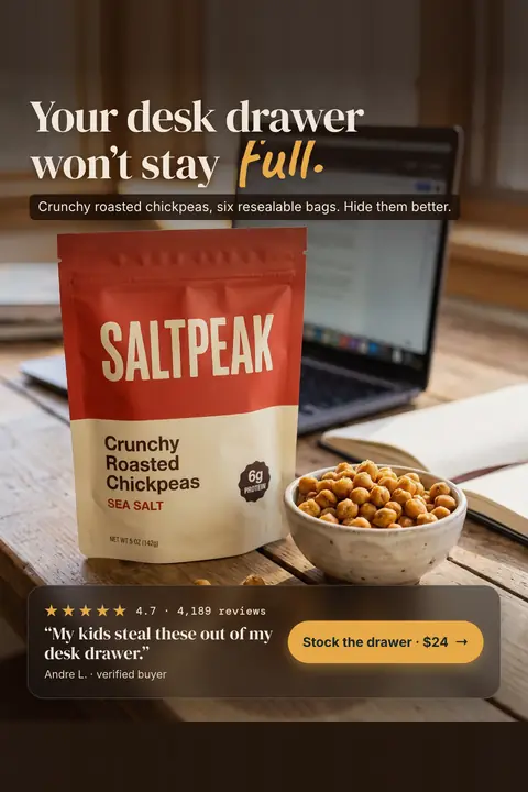 Warm brown wood desk photo, Saltpeak ad: 'Your desk drawer won't stay full.' with 'Full.' in yellow script. A red and cream Saltpeak chickpea bag sits by a bowl of chickpeas, with 4.7 stars from 4,189 reviews, a quote and a '$24' button. Shown here in the 2:3 Pinterest size.
