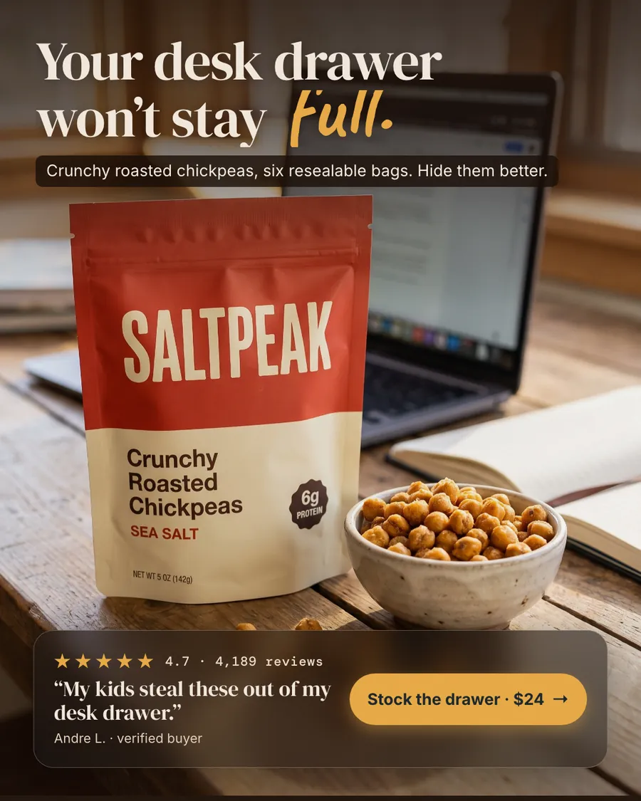 Warm brown wood desk photo, Saltpeak ad: 'Your desk drawer won't stay full.' with 'Full.' in yellow script. A red and cream Saltpeak chickpea bag sits by a bowl of chickpeas, with 4.7 stars from 4,189 reviews, a quote and a '$24' button.