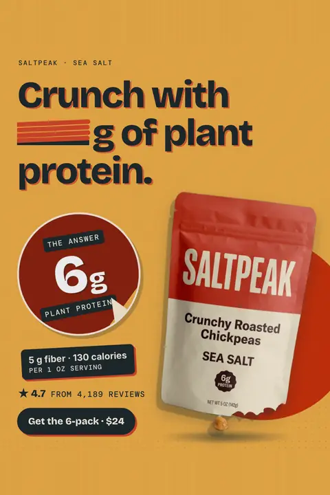Mustard yellow Saltpeak ad: 'Crunch with ___ g of plant protein.' with striped bars filling the blank, answered by a round red sticker reading 6g plant protein, plus a red Sea Salt chickpea bag, 4.7 from 4,189 reviews and a 'Get the 6-pack · $24' button. Shown here in the 2:3 Pinterest size.