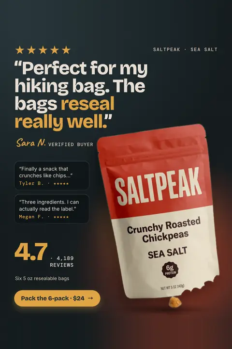 Dark charcoal Saltpeak ad: '"Perfect for my hiking bag. The bags reseal really well."' from Sara N., with two shorter quotes, 4.7 from 4,189 reviews, a red Sea Salt chickpea bag, and a 'Pack the 6-pack · $24' button. Shown here in the 2:3 Pinterest size.