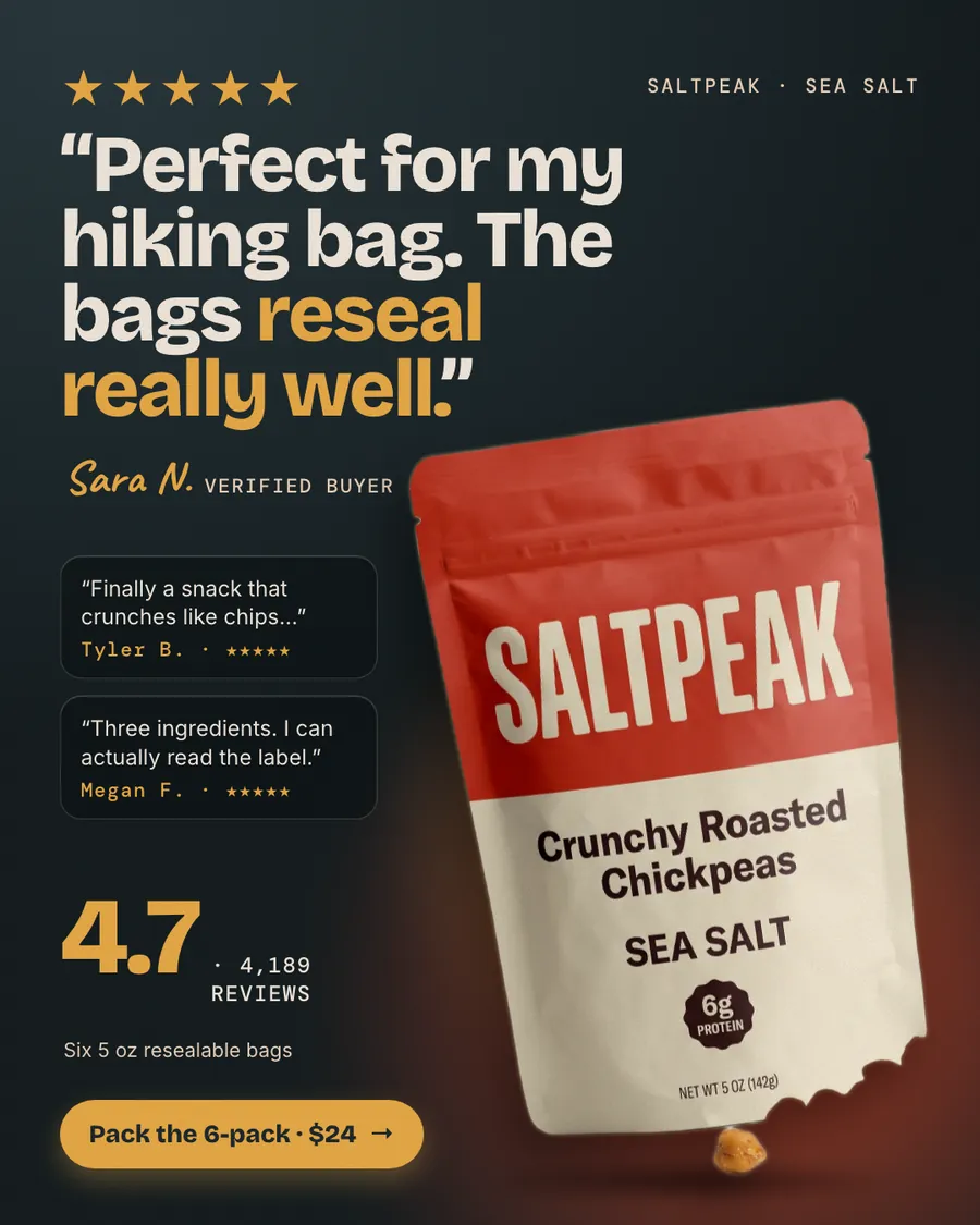 Dark charcoal Saltpeak ad: '"Perfect for my hiking bag. The bags reseal really well."' from Sara N., with two shorter quotes, 4.7 from 4,189 reviews, a red Sea Salt chickpea bag, and a 'Pack the 6-pack · $24' button.