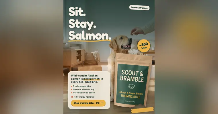 Muted green-gray Scout & Bramble ad: 'Sit. Stay. Salmon.' beside a golden retriever looking up at a hand holding a treat, with a kraft Salmon & Sweet Potato Training Bites pouch, a '~300 bites' badge, 4.8 from 3,207 reviews and a 'Shop training bites · $16' button. The 1.91:1 version.