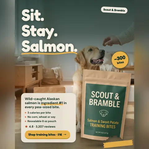 Muted green-gray Scout & Bramble ad: 'Sit. Stay. Salmon.' beside a golden retriever looking up at a hand holding a treat, with a kraft Salmon & Sweet Potato Training Bites pouch, a '~300 bites' badge, 4.8 from 3,207 reviews and a 'Shop training bites · $16' button. The 1:1 version.