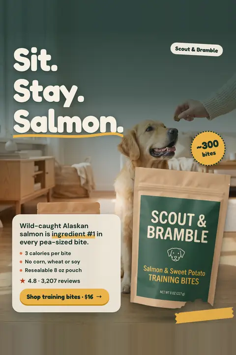 Muted green-gray Scout & Bramble ad: 'Sit. Stay. Salmon.' beside a golden retriever looking up at a hand holding a treat, with a kraft Salmon & Sweet Potato Training Bites pouch, a '~300 bites' badge, 4.8 from 3,207 reviews and a 'Shop training bites · $16' button. Shown here in the 2:3 Pinterest size.