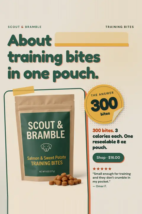 Cream Scout & Bramble ad: 'About ______ training bites in one pouch.' with a blank in the headline, answered by a yellow sticker reading The answer 300 bites. Kraft pouch photo, 3 calories each, 8 oz, a 'Shop · $16.00' button and a five-star quote from Omar F. Shown here in the 2:3 Pinterest size.