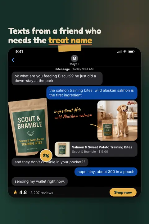 Dark green Scout & Bramble ad: 'Texts from a friend who needs the treat name' above an iMessage chat about a dog named Biscuit, a kraft pouch of Salmon & Sweet Potato Training Bites, a $16 sticker, a 4.8 rating and a 'Shop now' button. Shown here in the 2:3 Pinterest size.