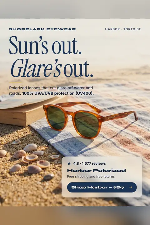 Sandy beige beach Shorelark Eyewear ad: 'Sun's out. Glare's out.' above tortoise Harbor sunglasses with green lenses resting on a striped towel beside a book and shells, with 4.8 from 1,677 reviews, free shipping and returns, and a 'Shop Harbor - $89' button. Shown here in the 2:3 Pinterest size.
