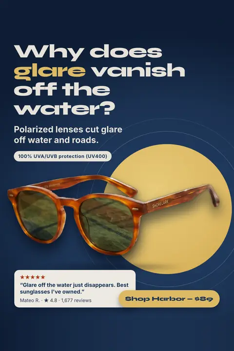 Dark navy Shorelark Eyewear ad: 'Why does glare vanish off the water?' with a tortoise sunglasses photo on a yellow circle, a 100% UVA/UVB protection (UV400) tag, a 5-star review quote, 4.8 from 1,677 reviews, and a 'Shop Harbor, $89' button. Shown here in the 2:3 Pinterest size.