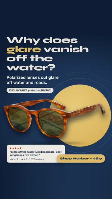 Dark navy Shorelark Eyewear ad: 'Why does glare vanish off the water?' with a tortoise sunglasses photo on a yellow circle, a 100% UVA/UVB protection (UV400) tag, a 5-star review quote, 4.8 from 1,677 reviews, and a 'Shop Harbor, $89' button. The 9:16 version.