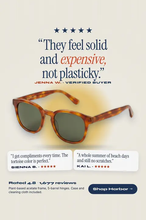 Light cream Shorelark Eyewear ad: '“They feel solid and expensive, not plasticky.”' with five stars and a Jenna W. verified buyer credit above tortoise sunglasses, two more review cards, Rated 4.8, 1,677 reviews and a 'Shop Harbor' button. Shown here in the 2:3 Pinterest size.