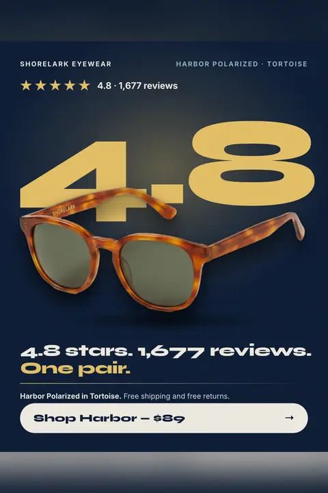 Dark navy Shorelark Eyewear ad: '4.8 stars. 1,677 reviews. One pair.' with a huge gold 4.8 behind a photo of tortoise sunglasses with green lenses, five stars, 4.8 from 1,677 reviews, free shipping and returns, and a 'Shop Harbor - $89' button. Shown here in the 2:3 Pinterest size.