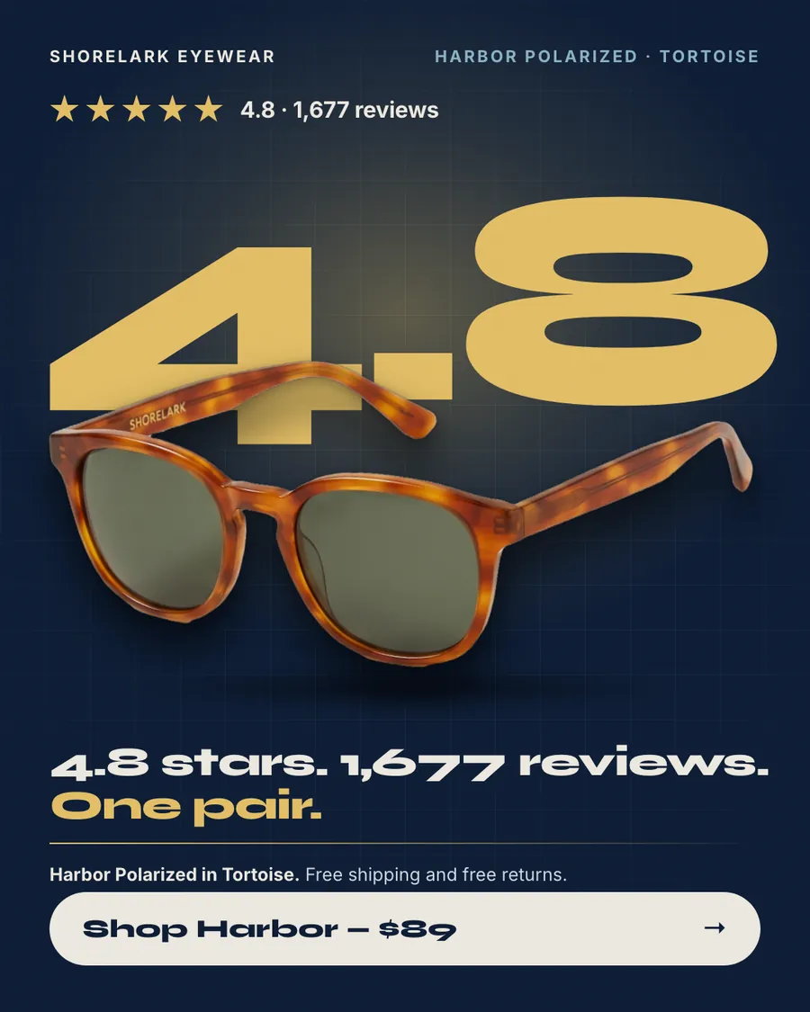 Dark navy Shorelark Eyewear ad: '4.8 stars. 1,677 reviews. One pair.' with a huge gold 4.8 behind a photo of tortoise sunglasses with green lenses, five stars, 4.8 from 1,677 reviews, free shipping and returns, and a 'Shop Harbor - $89' button.