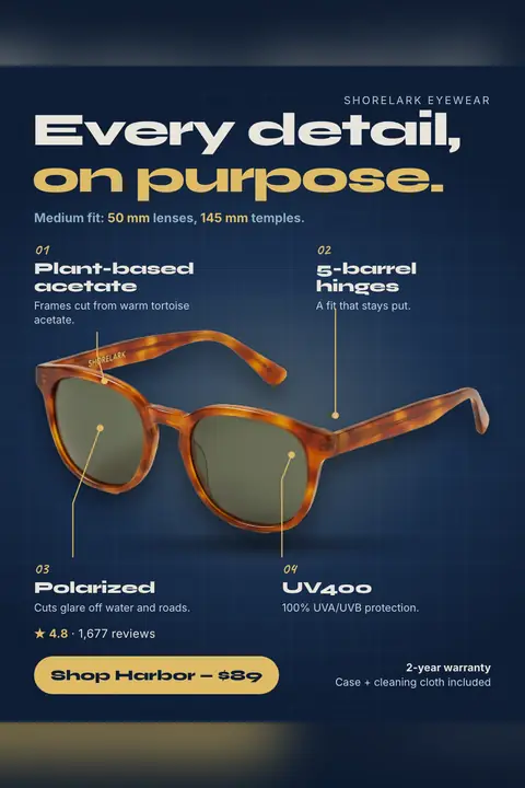 Dark navy Shorelark Eyewear ad: 'Every detail, on purpose.' with a photo of tortoise sunglasses with green lenses and four labeled callouts: plant-based acetate, 5-barrel hinges, polarized, UV400. Shows 4.8 from 1,677 reviews and a 'Shop Harbor - $89' button. Shown here in the 2:3 Pinterest size.