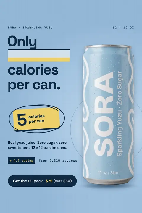 Light blue Sora ad: 'Only ___ calories per can.' with a blank bar in the headline, answered by a yellow circled sticker reading 5 calories per can, next to a slim Sparkling Yuzu can, a 4.7 rating from 2,310 reviews and a 'Get the 12-pack · $29 (was $34)' button. Shown here in the 2:3 Pinterest size.