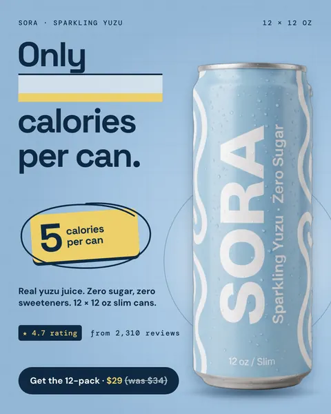 Light blue Sora ad: 'Only ___ calories per can.' with a blank bar in the headline, answered by a yellow circled sticker reading 5 calories per can, next to a slim Sparkling Yuzu can, a 4.7 rating from 2,310 reviews and a 'Get the 12-pack · $29 (was $34)' button. The 4:5 version.